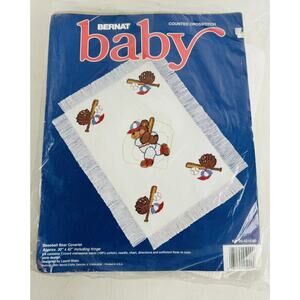 Bernat Baby Counted Crosstitch Baseball Bear Coverlet Craft Kit 30x42" New